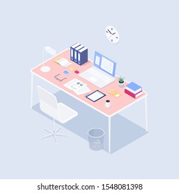 Isometric concept workplace. 3d computer, claim form, coffee, smartphone, lamp, plant on a desk. Vector illustration.