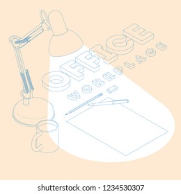 Isometric concept of workplace with blank sheets A4, coffee cup, table lamp and pen. Vector mockup.