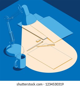 Isometric concept of workplace with blank sheets A4, coffee cup, table lamp and pen. Vector mockup.