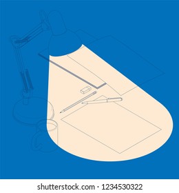 Isometric concept of workplace with blank sheets A4, coffee cup, table lamp and pen. Vector mockup.
