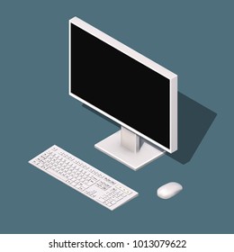Isometric concept of workplace with computer. 3d office equipment. Minimalistic Vector illustration. Monitor, keyboard and mouse.