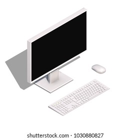 Isometric concept of workplace with computer. 3d office equipment. Minimalistic Vector illustration. Monitor, keyboard and mouse isolated on white background