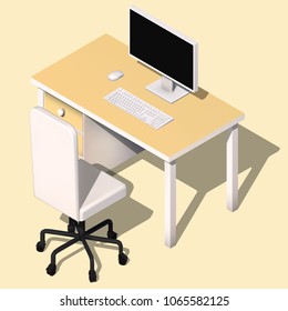 Isometric concept of workplace with computer. 3d office equipment. Minimalistic Vector illustration. Monitor, keyboard, mouse on the table.