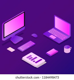 Isometric concept of workplace with computer, mobile phone, laptop and office equipment. Vector illustration