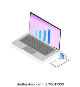 Isometric concept of workplace with computer, mobile phone, laptop. Financial review with laptop and infographic elements. Isometric vector illustration. Mock up for design website.