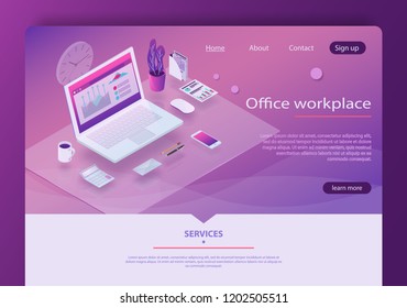 Isometric concept of workplace with computer and office equipment. Isometric concept of modern and stylish workplace. Glass table, office supplies, monitor, books, notebook, phone, pen, paper, tea.