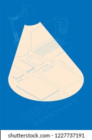 Isometric concept of workplace with computer and office equipment. Vector mockup.
