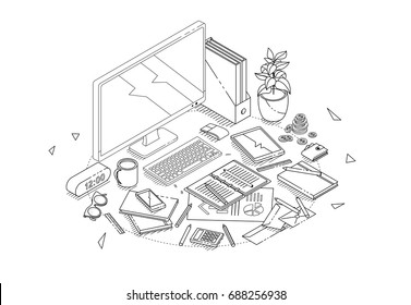 Isometric concept of workplace with computer and office equipment. Line art. Vector illustration.