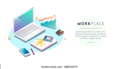 Isometric concept of workplace with computer and office equipment. Accountant. Vector illustration.