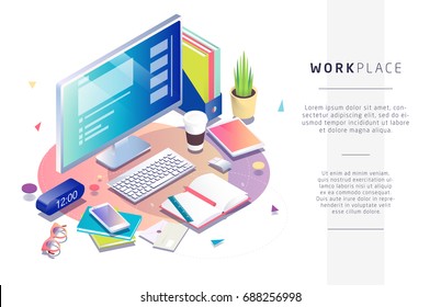 Isometric concept of workplace with computer and office equipment. Vector illustration.