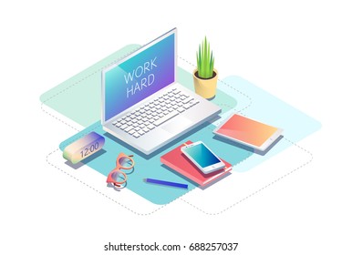 Isometric concept of workplace with computer and office equipment. Vector illustration.