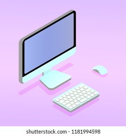 Isometric concept of workplace with computer/ Vector flat illustration