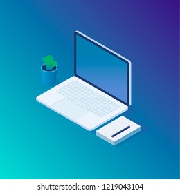 Isometric concept of workplace with  laptop and office equipment. Vector illustration.
