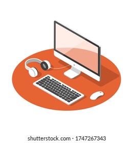 Isometric concept of workplace with laptop and office equipment.
