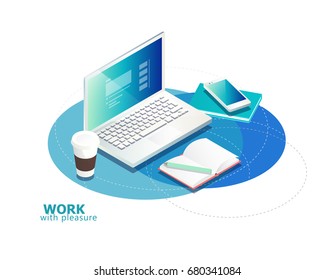 Isometric concept of workplace with laptop and office equipment.  Vector illustration.