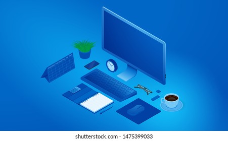 Isometric concept of the workplace. Office equipment and accessories. Blue background. Vector illustration.