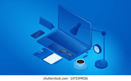 Isometric concept of the workplace. Office equipment and accessories. Blue background. Vector illustration.