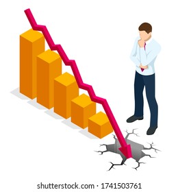 Concepto isométrico de la crisis financiera mundial, la caída de los precios del petróleo, el colapso de la economía, la crisis financiera, la caída del mercado, la bancarrota, la recesión presupuestaria, los gastos de inversión, la mala reducción de la economía