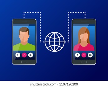 Isometric concept of world global communication with long distance. Man and woman communicating through video chat on phone. Video call chat conference vector illustration
