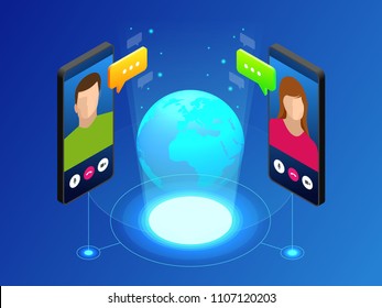 Isometric concept of world global communication with long distance. Man and woman communicating through video chat on phone. Video call chat conference vector illustration