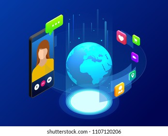 Isometric concept of world global communication with long distance. Man and woman communicating through video chat on phone. Video call chat conference vector illustration