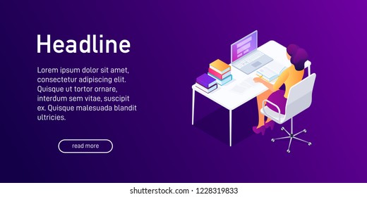 Isometric concept of writing research work, studying, landing page design. Woman studying using laptop, reading book, make notes, writing article, essay, scientific work. 3d vector illustration.