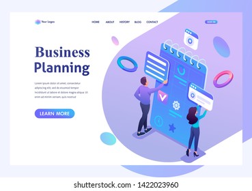 Isometric concept Young entrepreneurs are engaged in the preparation of business planning for the month.Template landing page for website