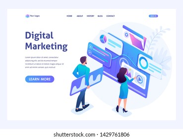 Isometric concept young entrepreneurs insist data for digital marketing, advertising on the Internet.Template landing page for website