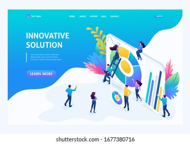 Isometric concept young entrepreneurs, marketing research, innovative solution. Landing page concepts and web design.