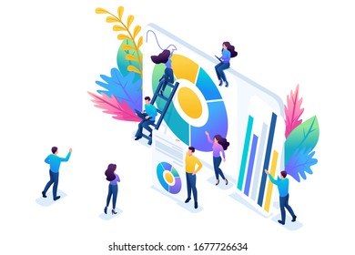 Isometric concept young entrepreneurs, marketing research, innovative solution. Concept for web design.