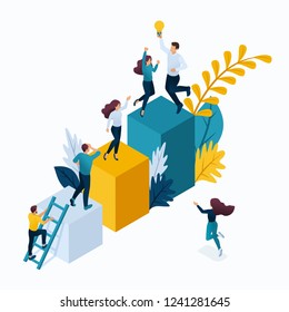 Isometric concept young entrepreneurs in office, start up project, successful business, ladder to success. Modern vector illustration concepts for website.