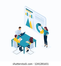 Isometric concept young entrepreneurs in office, managers, head hunters, agents, HR, workflow. Modern vector illustration concepts for website.