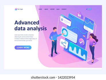Isometric concept Young entrepreneurs review reports and analyze data.Template landing page for website