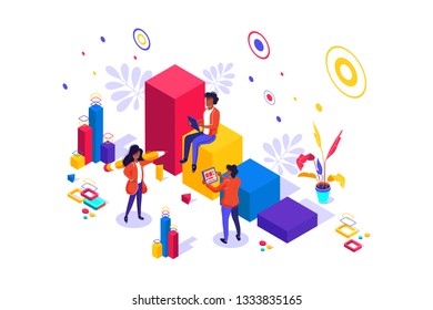  Isometric concept young entrepreneurs, start up project, successful business, ladder to success. Easy to edit and customize