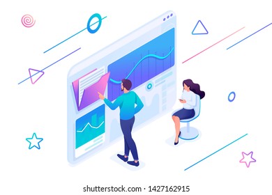 Isometric concept young entrepreneurs testing statistical analysis tools on a tablet. Concept for web design