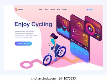 Isometric concept young girl on bike, a mobile app tracks the workout, the GPS signal. Landing page template for the site