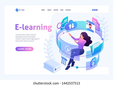 Isometric concept young girl in the process of learning through the Internet, watching educational videos, reading books. Template landing page for website