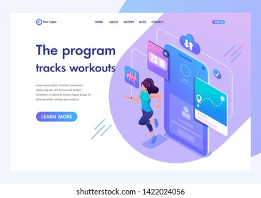 Isometric concept Young girl running, the Program tracks her workout through the app on your smartphone. Template landing page for website