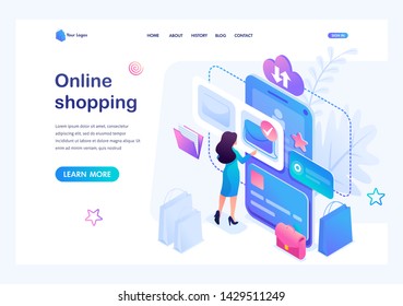 Isometric concept Young girl shopping online using smartphone and mobile app, paying by credit card. Template landing page for website