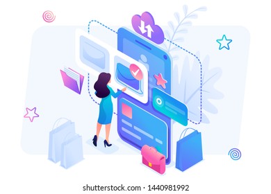Isometric concept Young girl shopping online using smartphone and mobile app, paying by credit card. Concept for web design