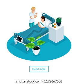 Isometric Concept of a young mother saw her newborn children, a nurse brought newborns to the ward.