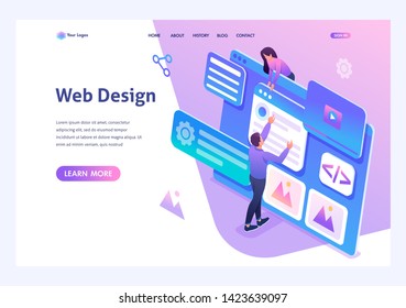 Isometric concept young people are engaged in web design, website page development. Template landing page for website