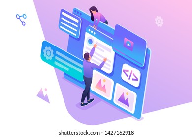 Isometric concept young people are engaged in web design, website page development. Concept for web design