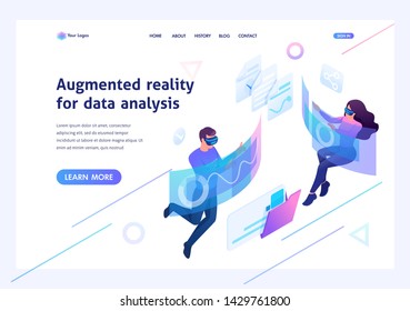 Isometric concept Young people use augmented reality and virtual glasses for data analysis.Template landing page for website