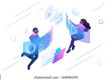 Isometric concept Young people use augmented reality and virtual glasses for data analysis. Concept for web design