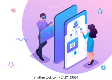 Isometric concept young people in virtual glasses are testing a mobile application for alternative reality and social networks. Concept for web design
