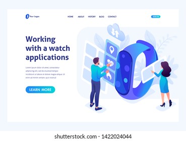 Isometric concept Young People working with watch apps. Header concept. Template landing page for website
