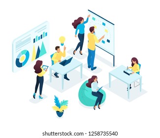 Isometric concept of a young team, teamwork, business idea development, brainstorming, startup. The concept of web design.