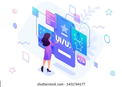 Isometric concept a young woman creates a custom design for a mobile application, Ui UX design. Concept for web design