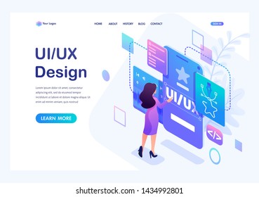 Isometric concept a young woman creates a custom design for a mobile application, Ui UX design. Landing page template for the site